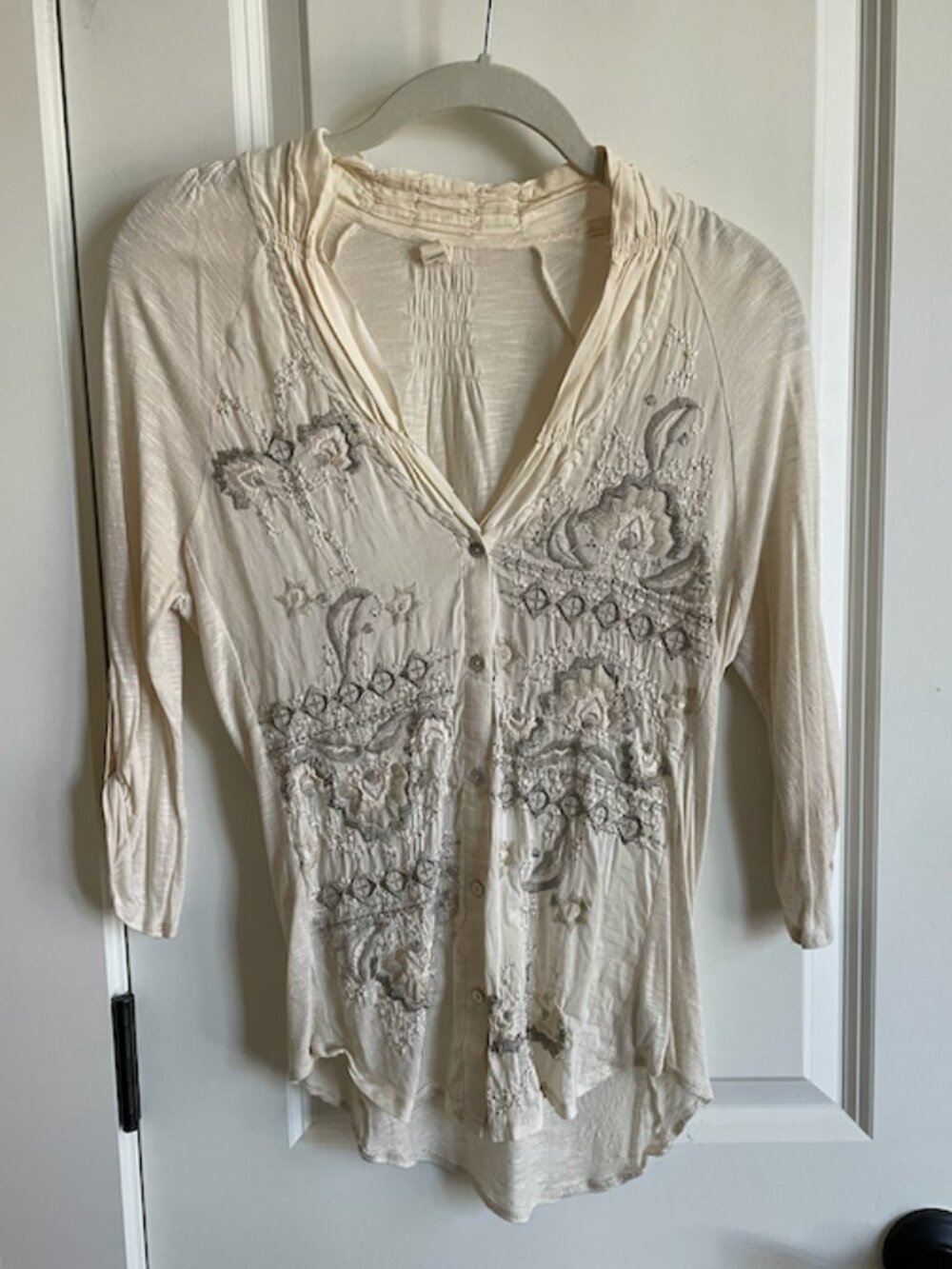 Anthropologie Tiny Brand Silk & Cotton Blend Top, Cream with Embroidered Design